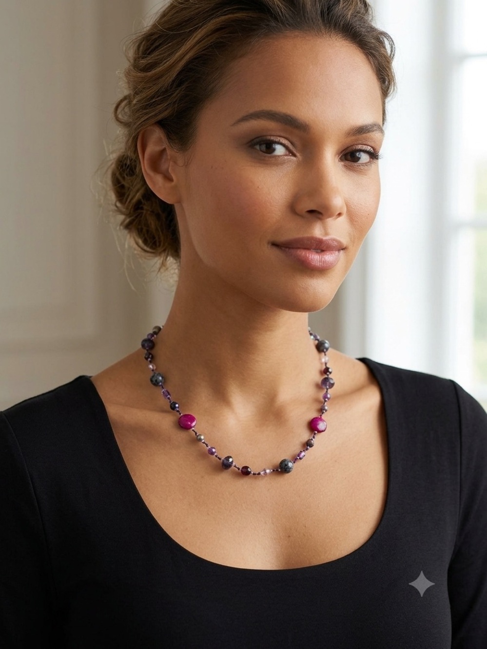 Purple Amethyst and Pink Gemstone Beaded Feminine Delicate Necklace